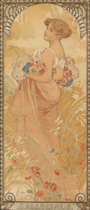 ALPHONSE MUCHA (1860-1939). [THE SEASONS.] Four decorative panels on silk. 1900. Each 26x11 inches, 66x28 cm. F. Champenois, Paris.